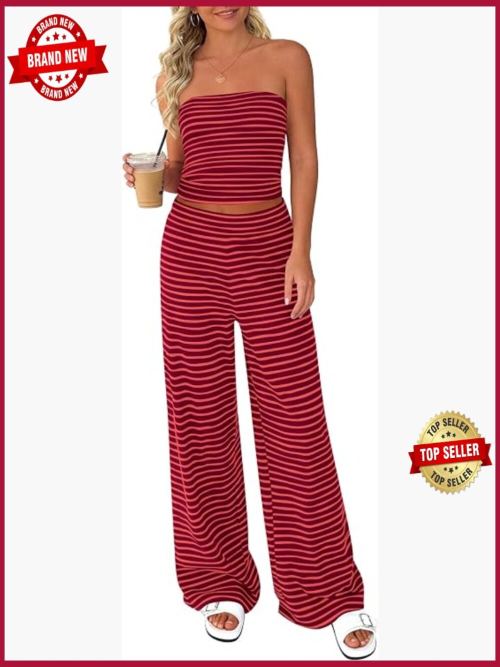 Two Piece Striped Lounge Set Strapless Tube Top Wide Leg Pants